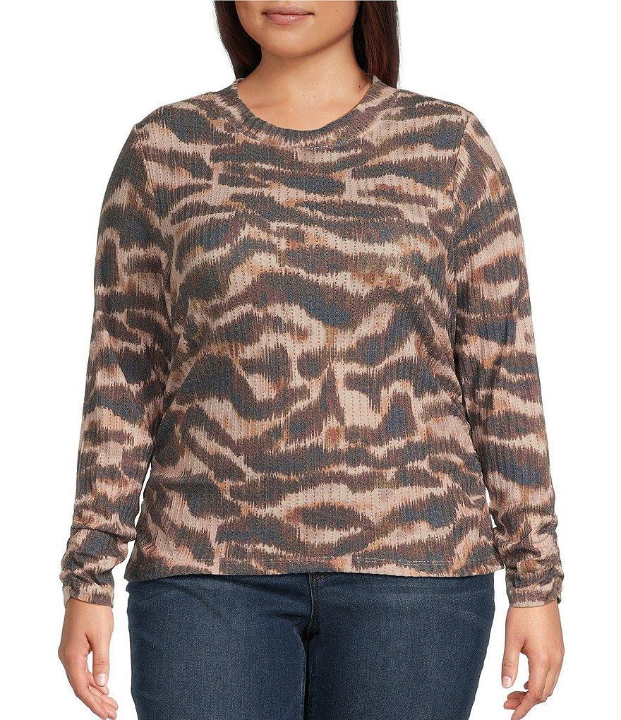 Democracy Plus Size Animal Print Crew Neck Ruched Long Sleeve Knit Top Product Image