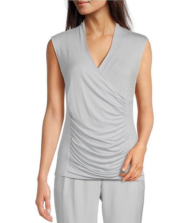 Calvin Klein Stretch Surplice V-Neck Sleeveless Ruched Top Product Image