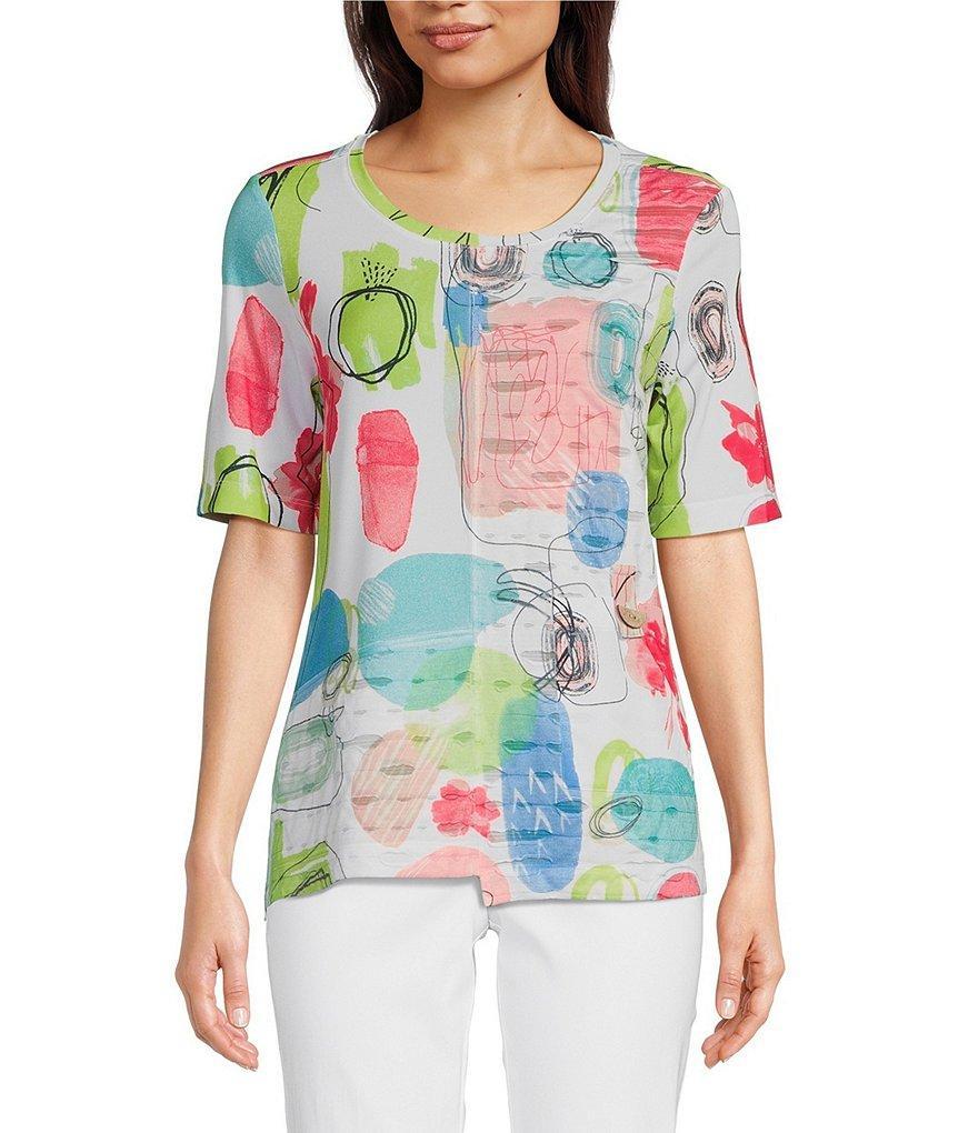 Ali Miles Abstract Print Knit Scoop Neck Elbow Sleeve Tunic Product Image