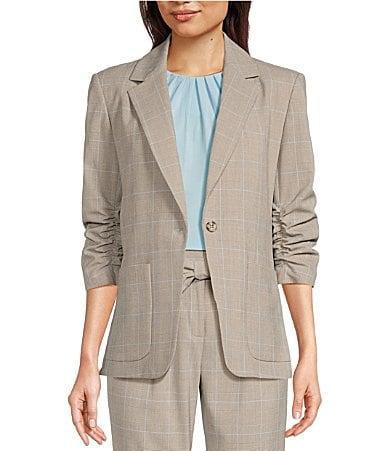 Calvin Klein Plaid Woven Notch Lapel Collar 34 Scrunch Sleeve Button Product Image