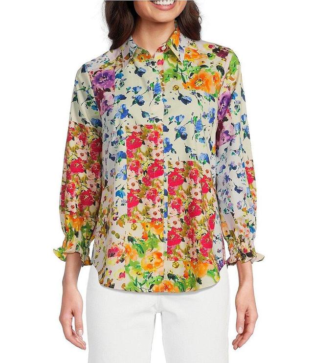 Foxcroft Oliva Floral Print Point Collar 3/4 Sleeve Button Front Top Product Image