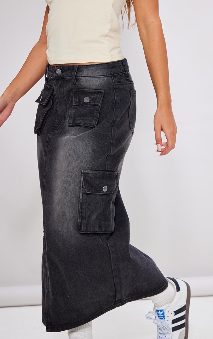 Petite Washed Black Denim Cargo Midaxi Skirt Product Image