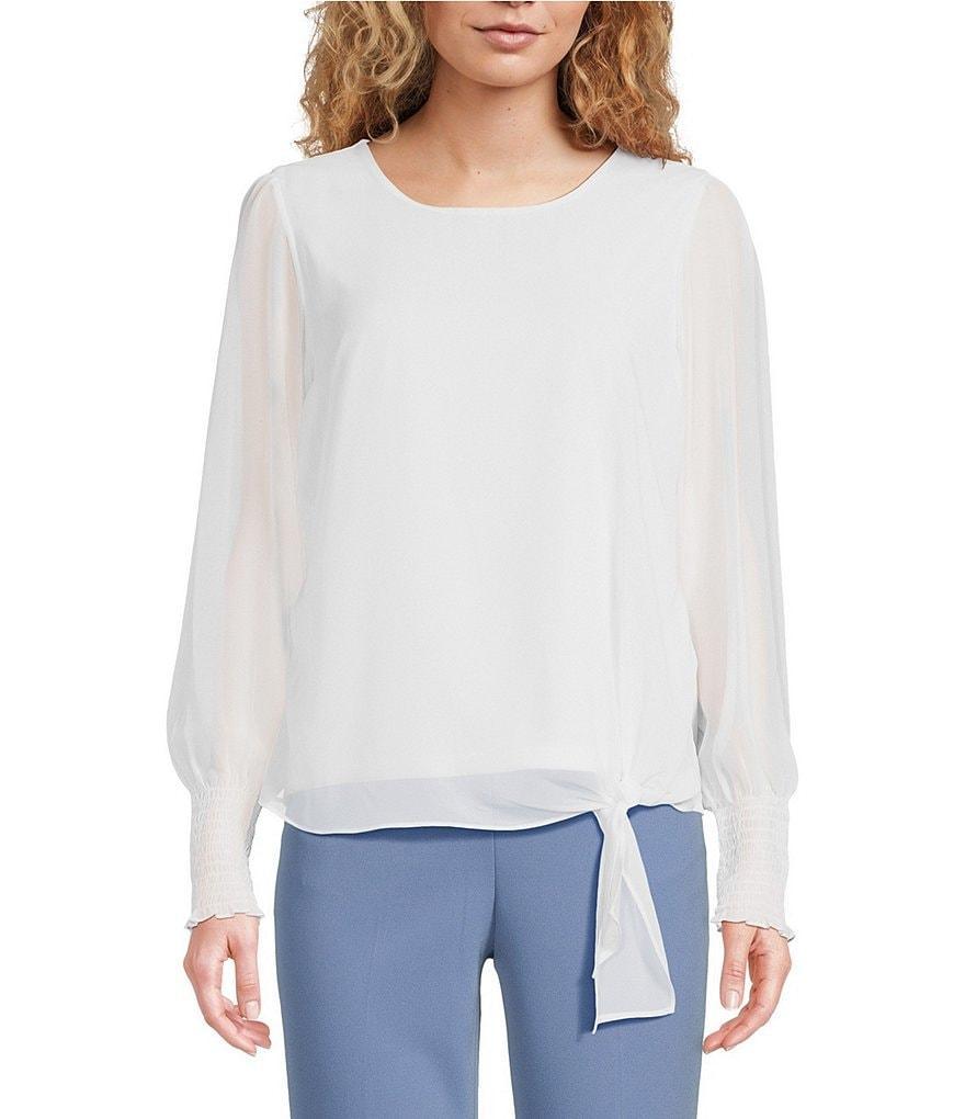 Calvin Klein Chiffon Crew Neck Long Sleeve Knot Hem Blouse Product Image