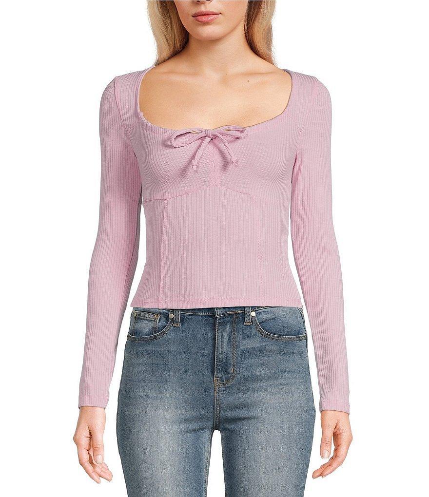 Miss Chievous Long Sleeve Tie Front Rib Knit Top Product Image