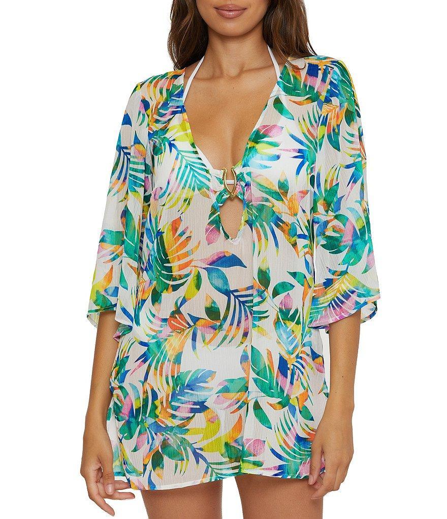 Becca by Rebecca Virtue Isla Verde Sheer Woven Chiffon Palm Frond Swim Cover-Up Tunic Product Image