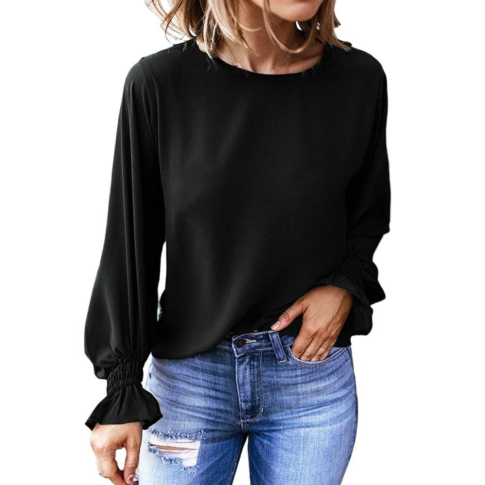 Olivia Mark –  Premium Autumn Round Neck Long Sleeve T-shirt: Solid Color Pullover Featuring Stylish Ruffled Bubble Sleeves Product Image