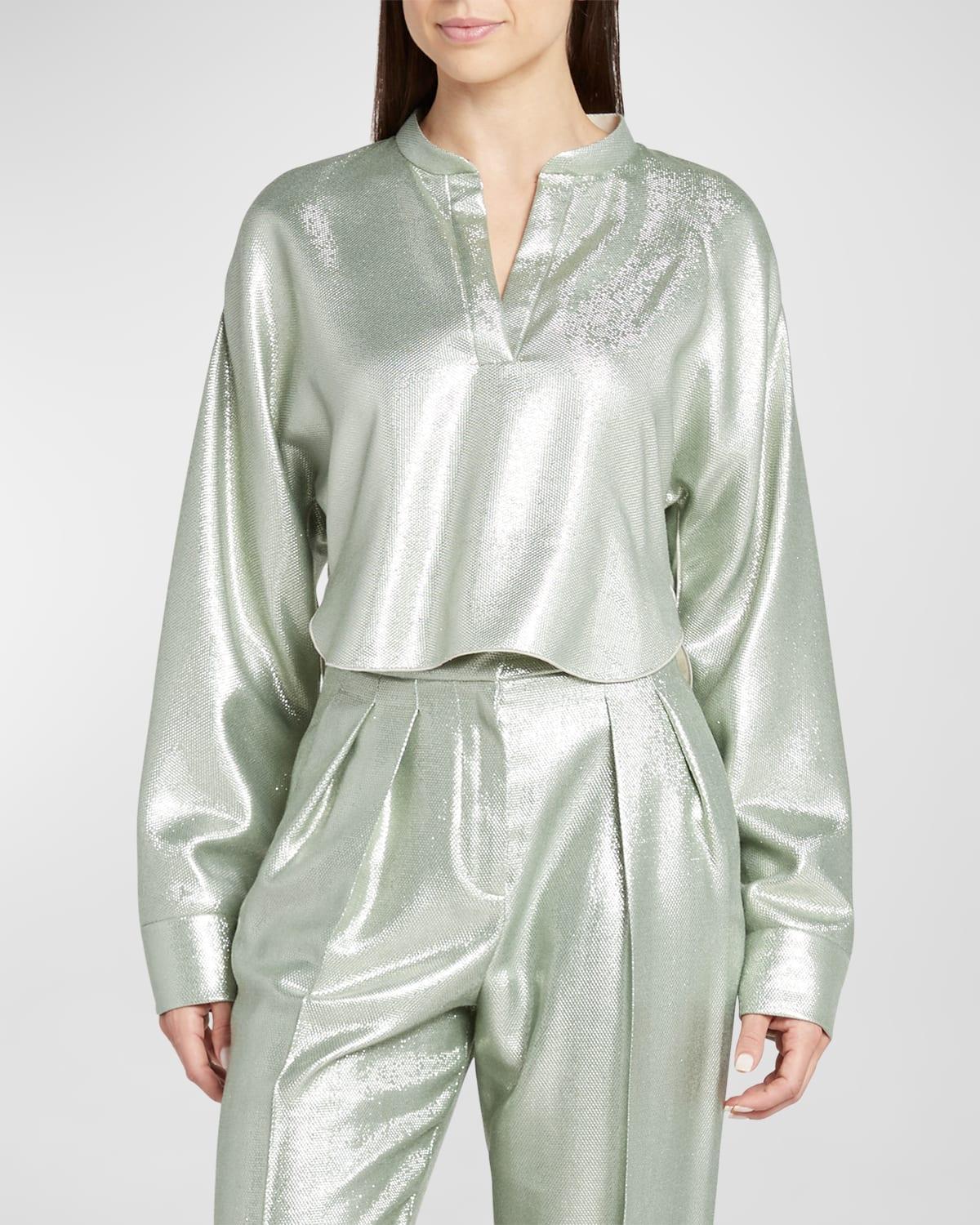 Womens Metallic Split-Neck Blouse Product Image