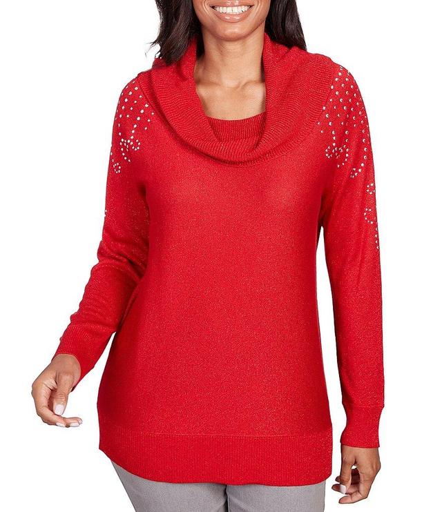 Ruby Rd. Petite Size Metallic Detail Cowl Neck Embellished Sleeve Pullover Sweater Product Image