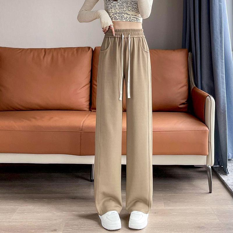 Drawstring Waist Plain Panel Wide Leg Sweatpants Product Image