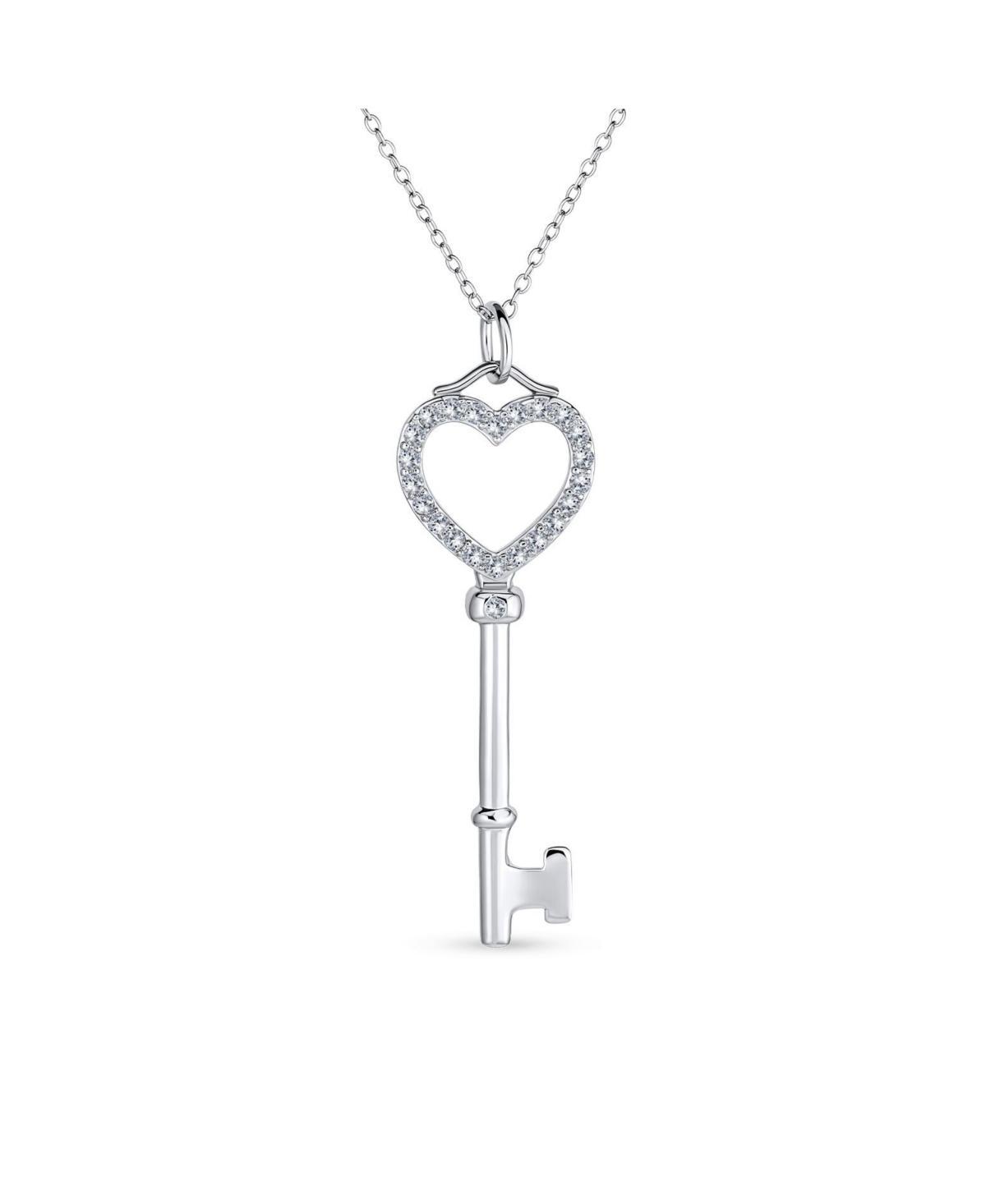 Pave Cubic Zirconia Cz Open Heart Key Pendant Necklace For Women For Girlfriend .925 Sterling Silver Product Image