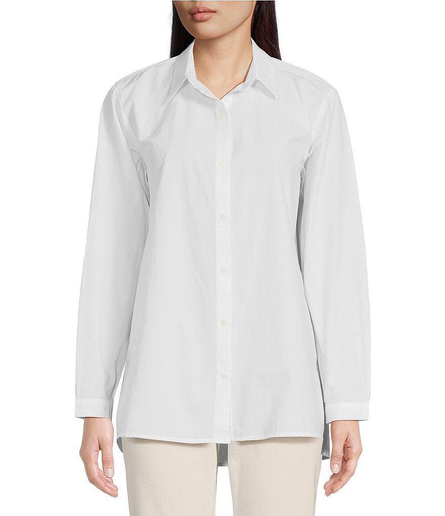 Eileen Fisher Petite Size Organic Cotton Poplin Point Collar Long Sleeve High-Low Hem Button-Front Shirt Product Image