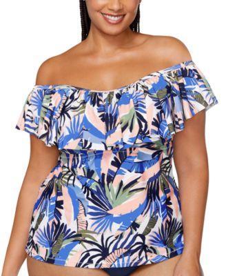 Trendy Plus Size Tortuga Ruffled Off-The-Shoulder Tankini Top Product Image