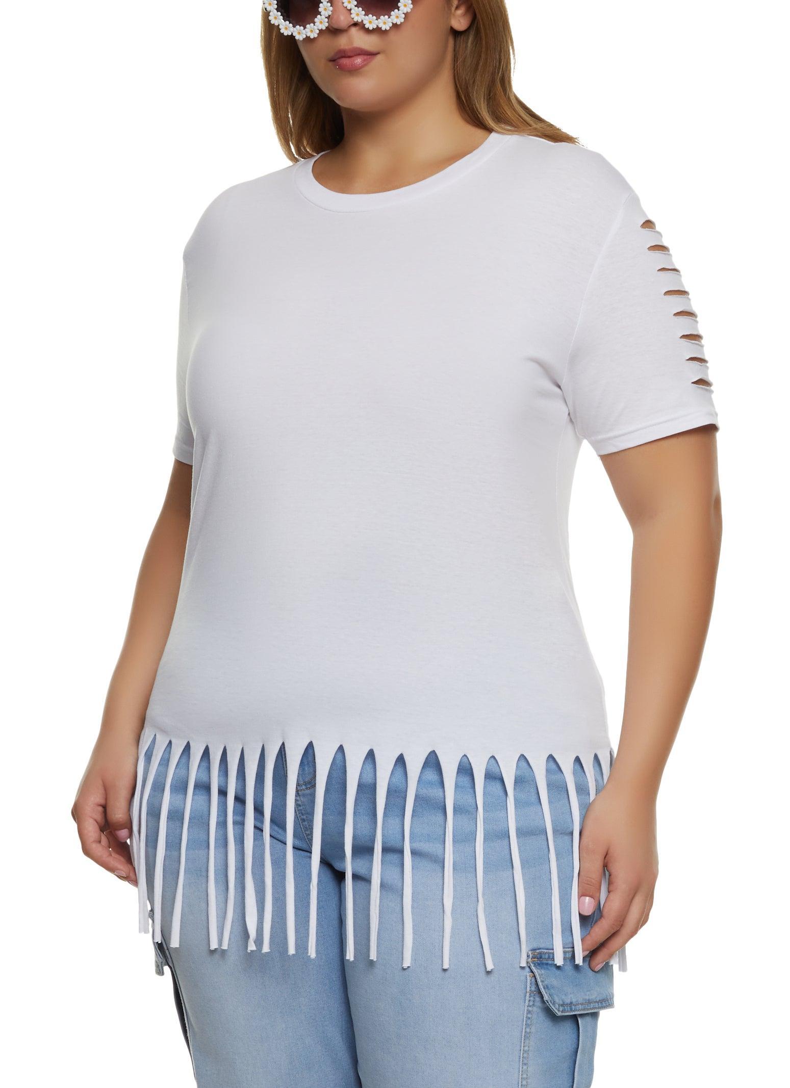 Womens Plus Size Laser Cut Fringe Hem Tee Product Image