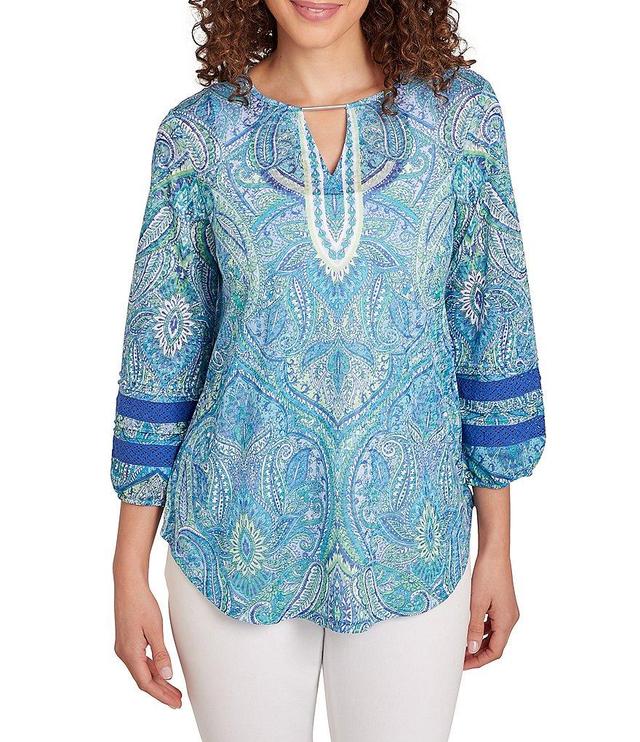 Ruby Rd. Knit Paisley Print Keyhole Bar Detail 3/4 Sleeve Lace Inset Trim Top Product Image