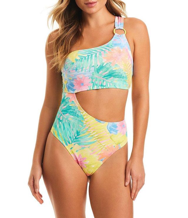 Jessica Simpson Pastel Shores Printed One Shoulder Cut-Out One Piece Swimsuit Product Image