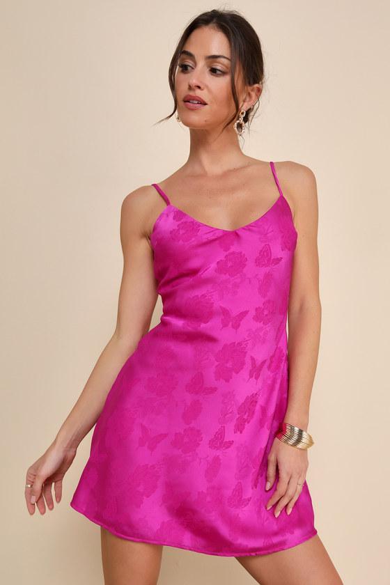 Chic Intricacy Magenta Satin Jacquard Slip Mini Dress product image