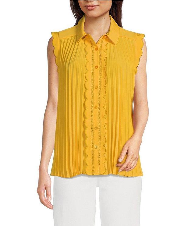 KARL LAGERFELD PARIS Woven Point Collar Sleeveless Scalloped Trim Button-Front Pleated Blouse Product Image