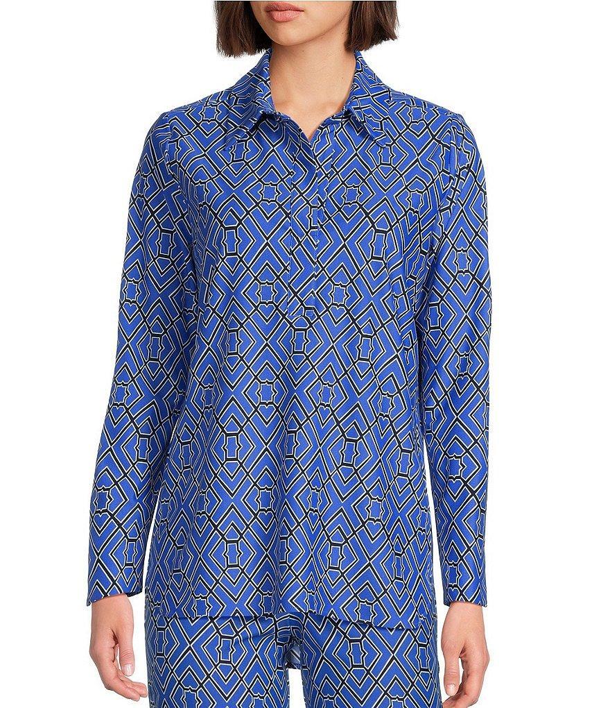 Jude Connally Hadley Bamboo Lattice Print Jude Cloth Knit Point Collar Long Split Roll Cuff Sleeve Coordinating Tunic Product Image