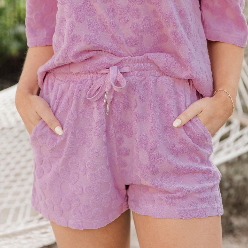 Can't Stay Away Purple Terry Daisy Printed Shorts FINAL SALE Product Image