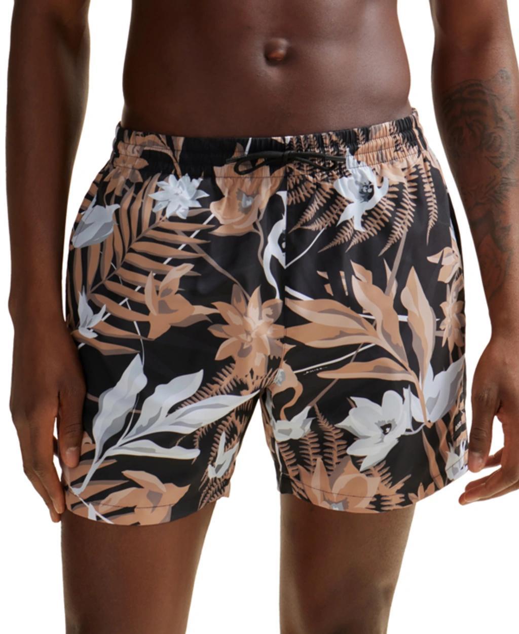 Tropical-print Quick-drying Swim Shorts With Logo Badge In Beige Product Image