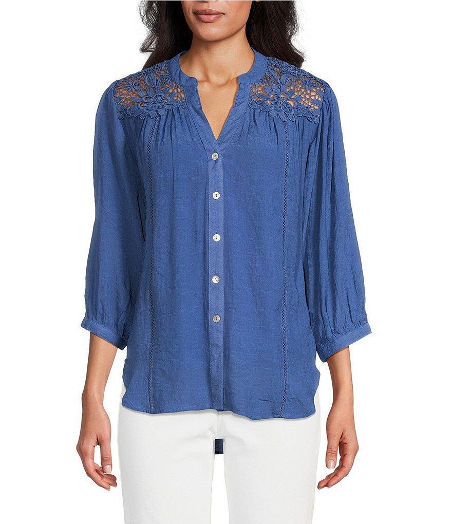 Figueroa & Flower Lace Yoke 3/4 Sleeve Split V-Neck Button Front Peasent Blouse Product Image