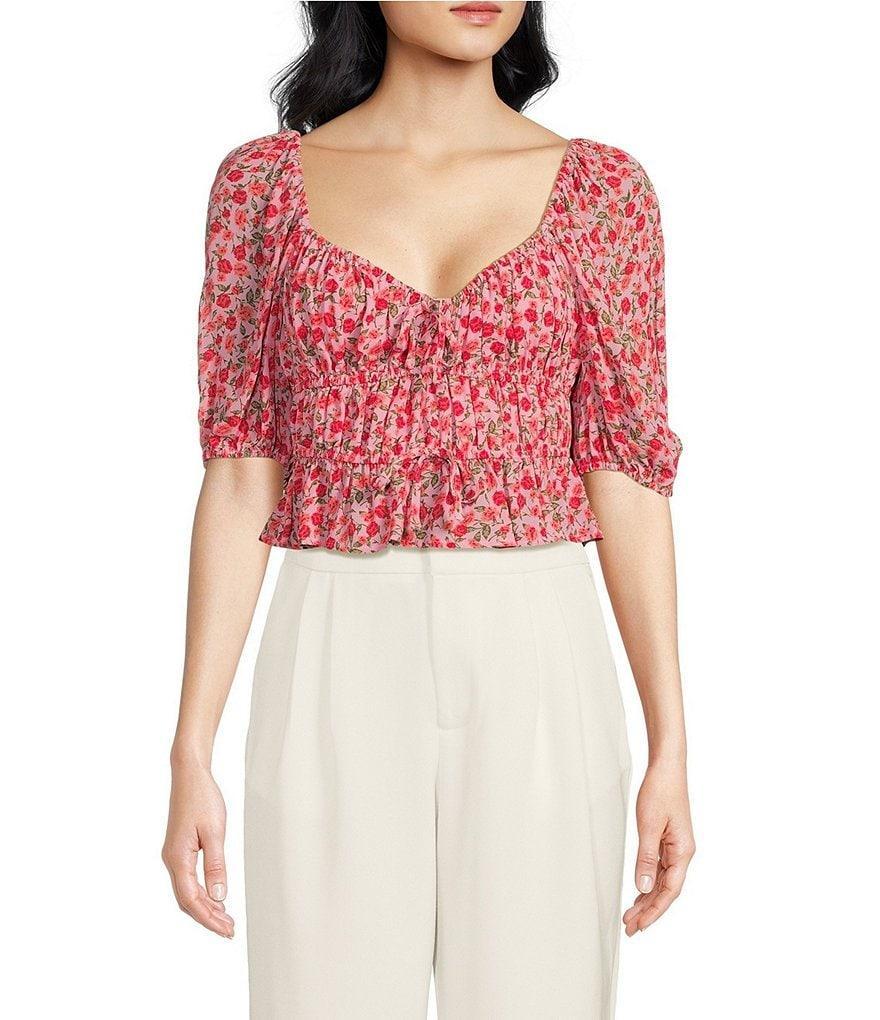 WAYF Floral Ruched Sweetheart Neck Short Sleeve Top Product Image