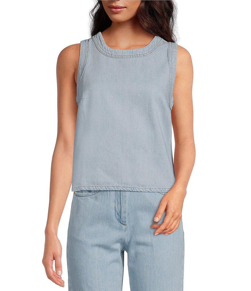 Tara Jarmon Tokono Contrast Stitch Detail Round Neck Sleeveless Cropped Denim Top product image