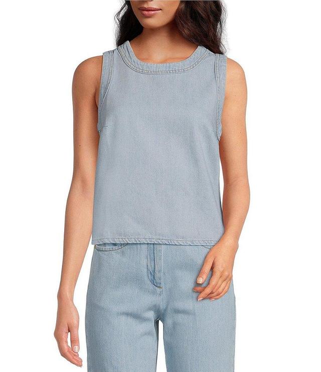 Tara Jarmon Tokono Contrast Stitch Detail Round Neck Sleeveless Cropped Denim Top Product Image