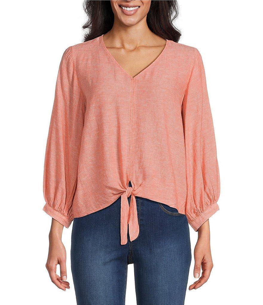 Westbound Petite Size Woven 3/4 Sleeve V-Neck Pullover Tie Front Top Product Image