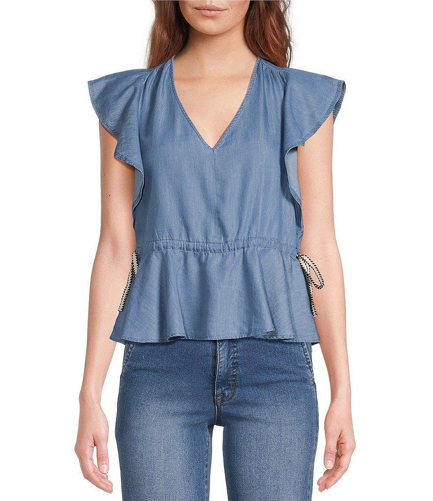 Sam Edelman V-Neck Elastic Waist Flutter Cap Sleeve Blouse Product Image