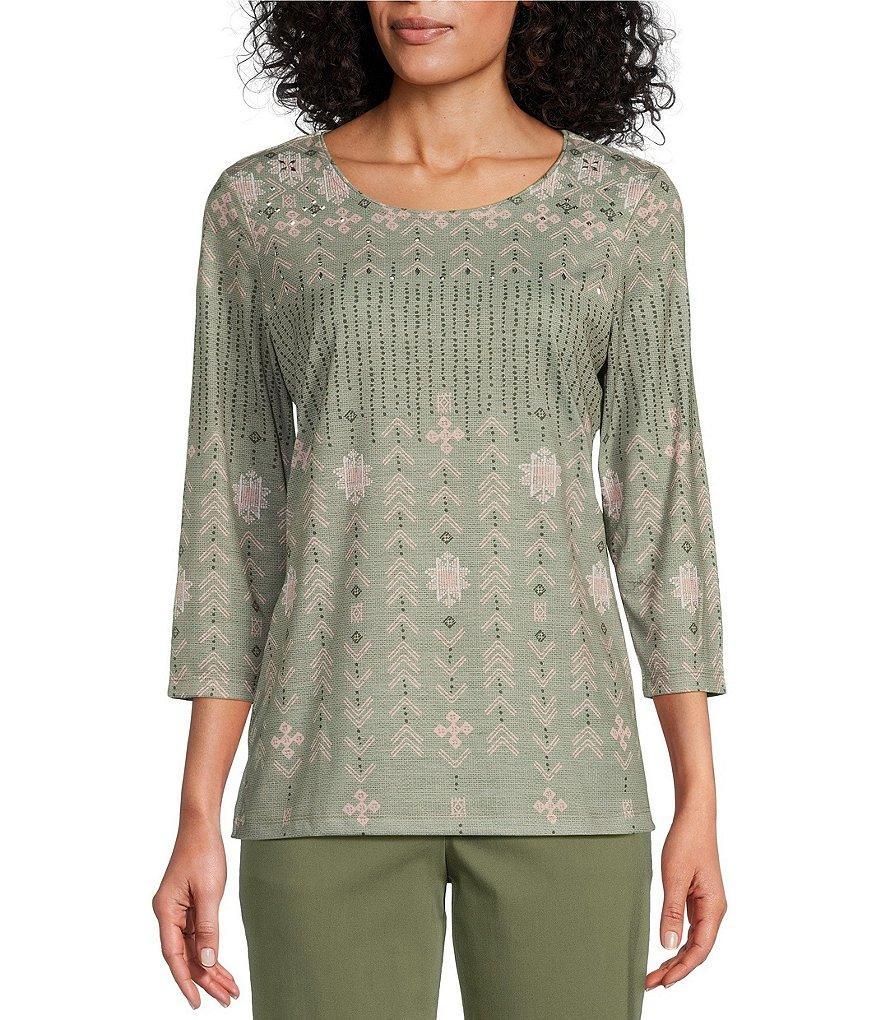 Allison Daley Embellished Folk Stitch Print 3/4 Sleeve Scoop Neck Knit Top Product Image