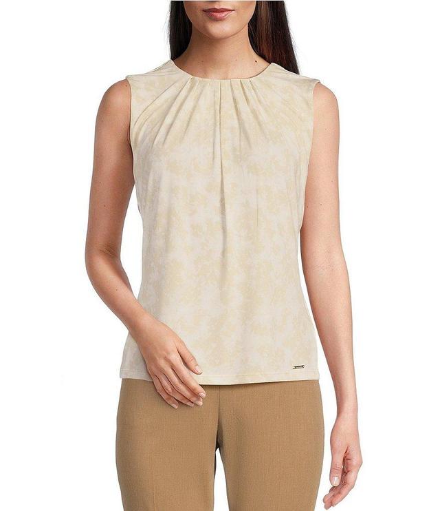 Calvin Klein Stretch Knit Printed Pleated Crew Neck Sleeveless Cami Top Product Image