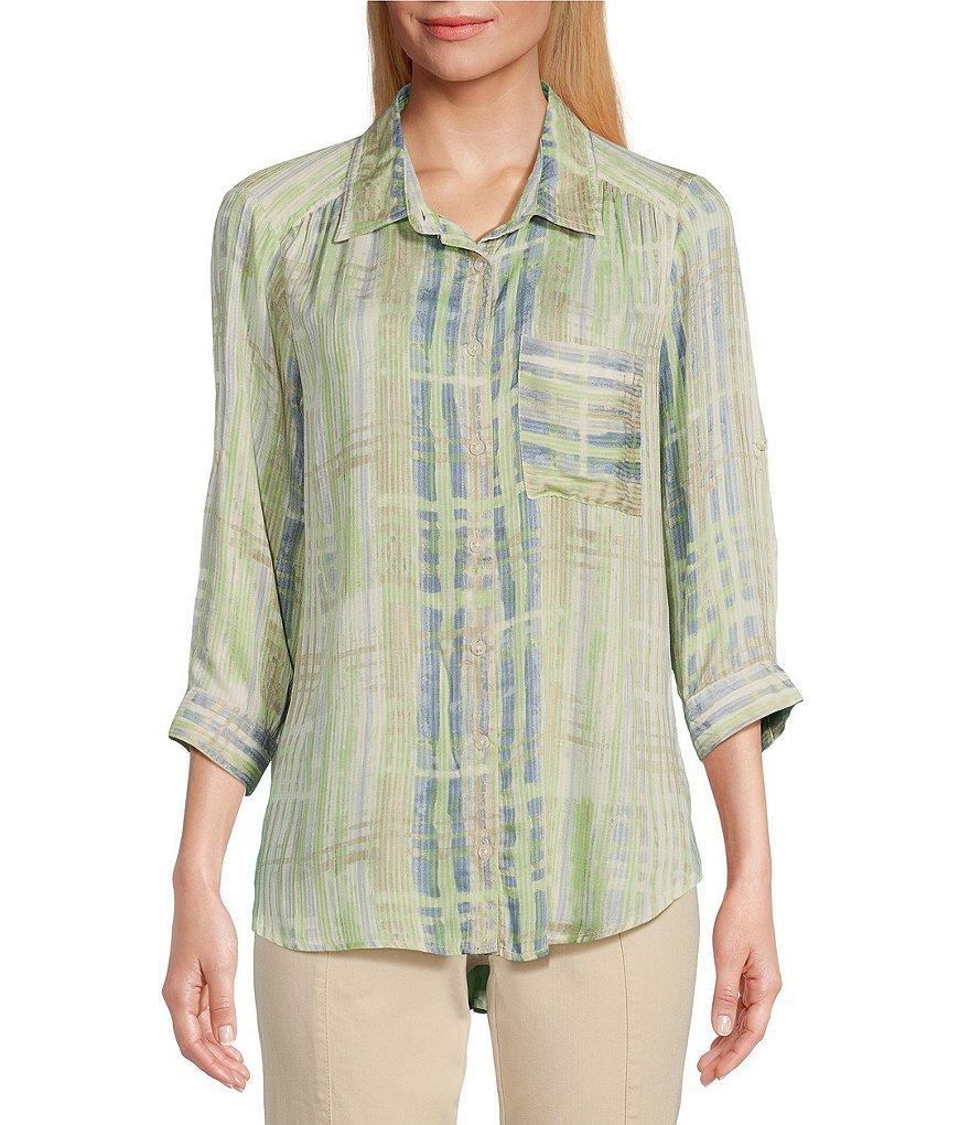 Intro Watercolor Plaid Woven Point Collar 3/4 Roll-Tab Sleeve Button-Front Tunic Product Image