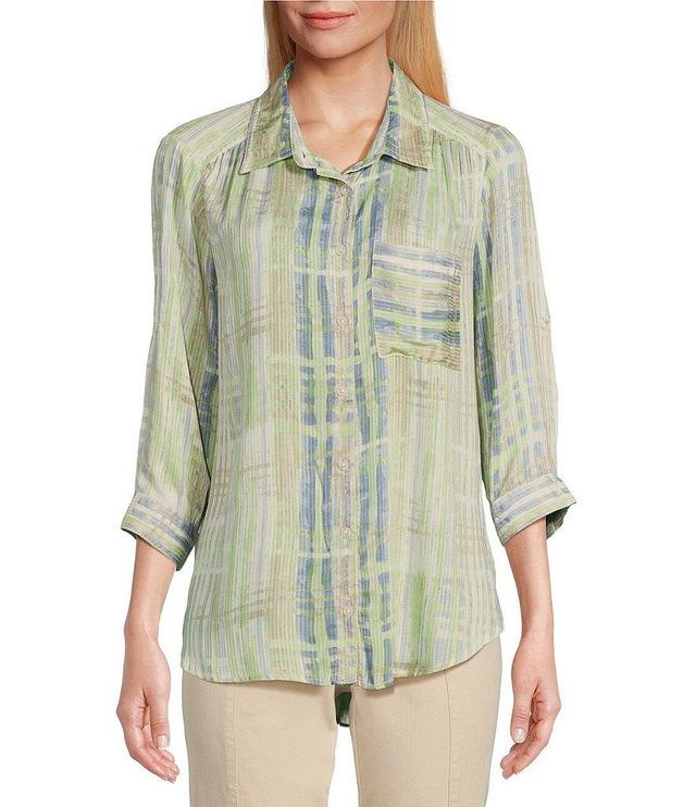 Intro Watercolor Plaid Woven Point Collar 3/4 Roll-Tab Sleeve Button-Front Tunic Product Image