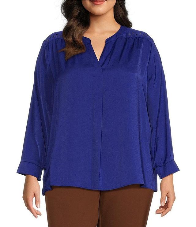 Investments Plus Size Woven Inverted Pleat V-Neck 3/4 Sleeve Embellished Top Product Image