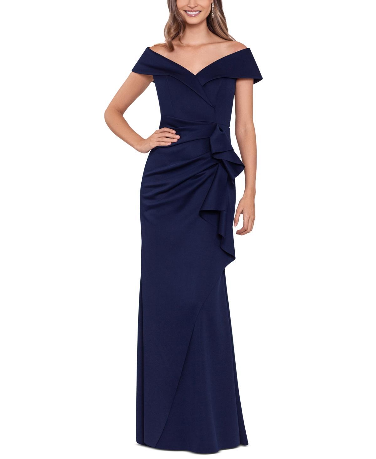 Xscape Off the Shoulder Ruffle Scuba Gown Product Image