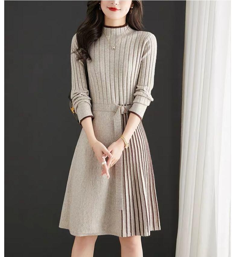 Long-Sleeve Mock Neck Plain Ribbed Knit Midi A-Line Dress Product Image