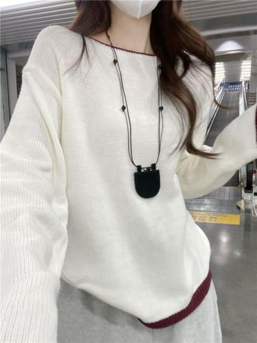 Long-Sleeve Round Neck Contrast Trim Sweater product image