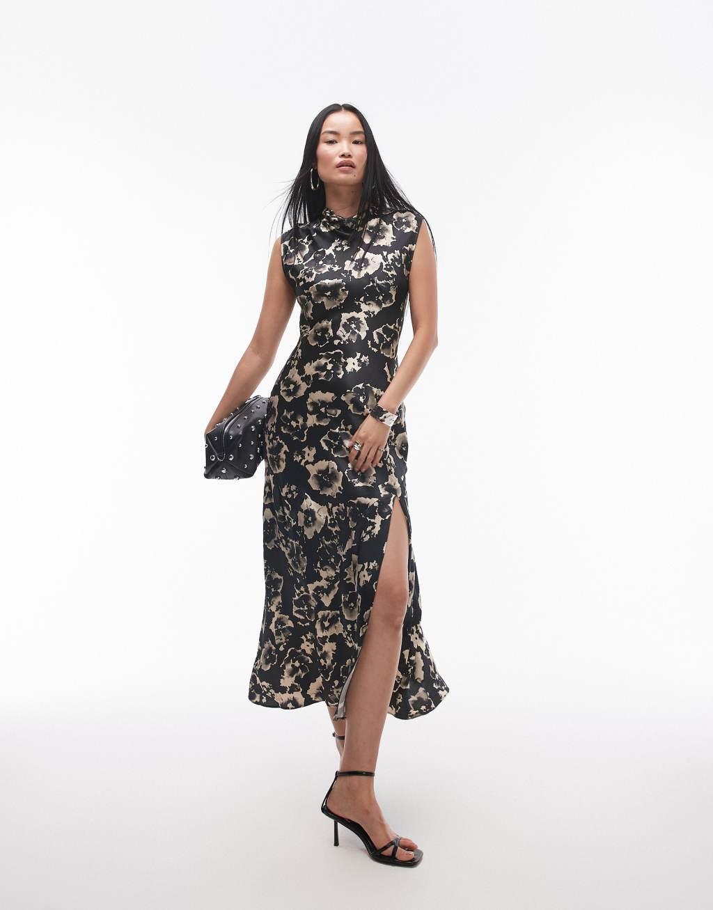 Topshop drape neck maxi dress in blurred mono floral Product Image