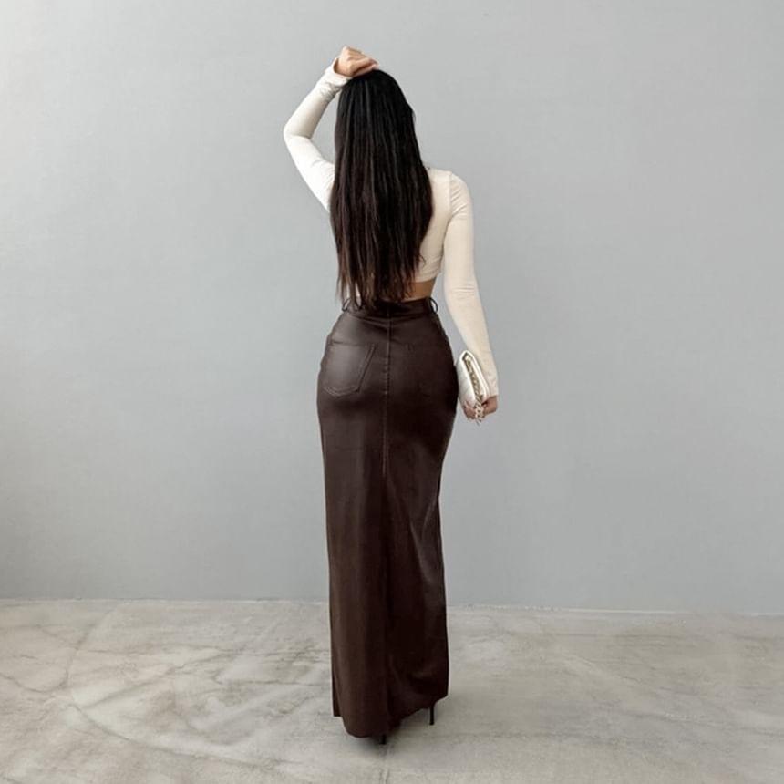 High Waist Plain Slit Faux Leather Maxi Pencil Skirt Product Image