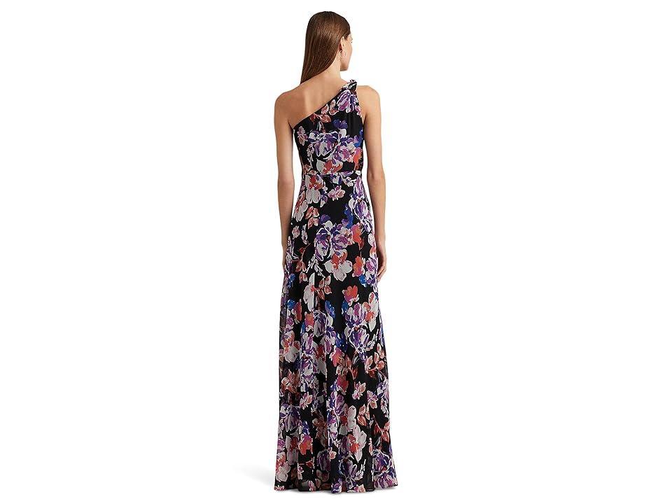 LAUREN Ralph Lauren Floral Georgette One-Shoulder Dress (Black/Purple Women's Clothing Product Image