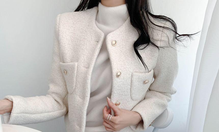 Long Sleeve Round Neck Tweed Cropped Jacket Product Image