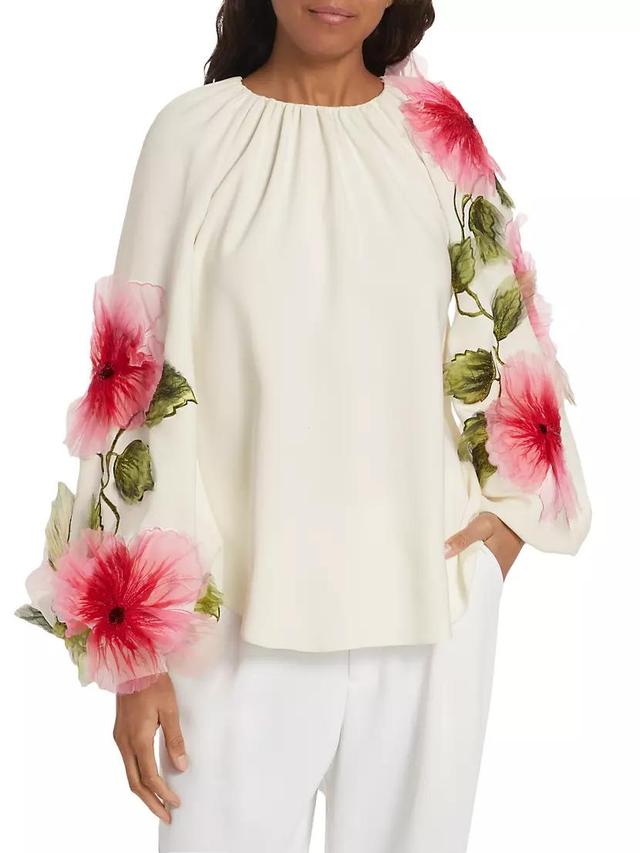 Appliqué Floral Hibiscus Silk-Blend Georgette Blouse Product Image