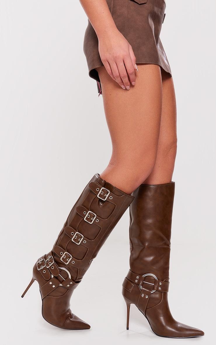 Chocolate PU Point Toe Buckle Detail Knee High Heeled Boots Product Image