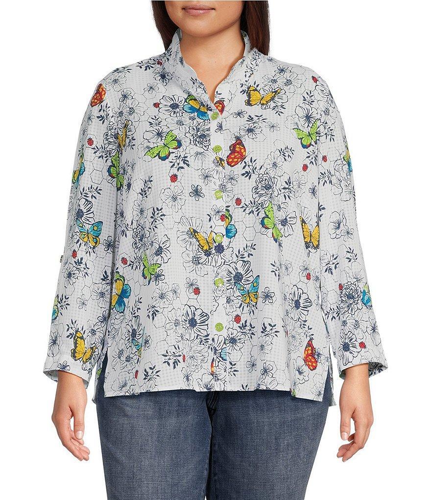 Ali Miles Plus Size Woven Burnout Printed Wire Neck 3/4 Roll-Tab Sleeve Button-Front Tunic Product Image