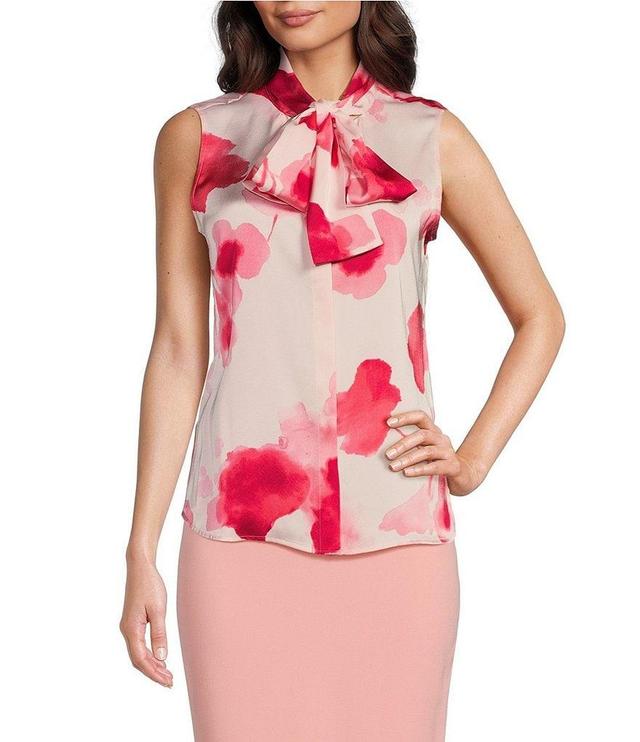 Donna Karan Woven Printed Tie Neck Sleeveless Blouse Product Image