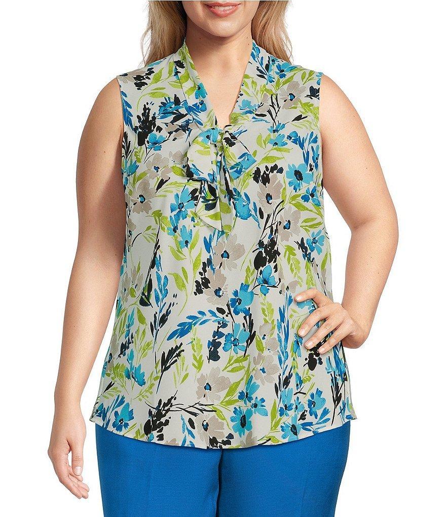 Kasper Plus Size Printed Tie Front Sleeveless Blouse product image