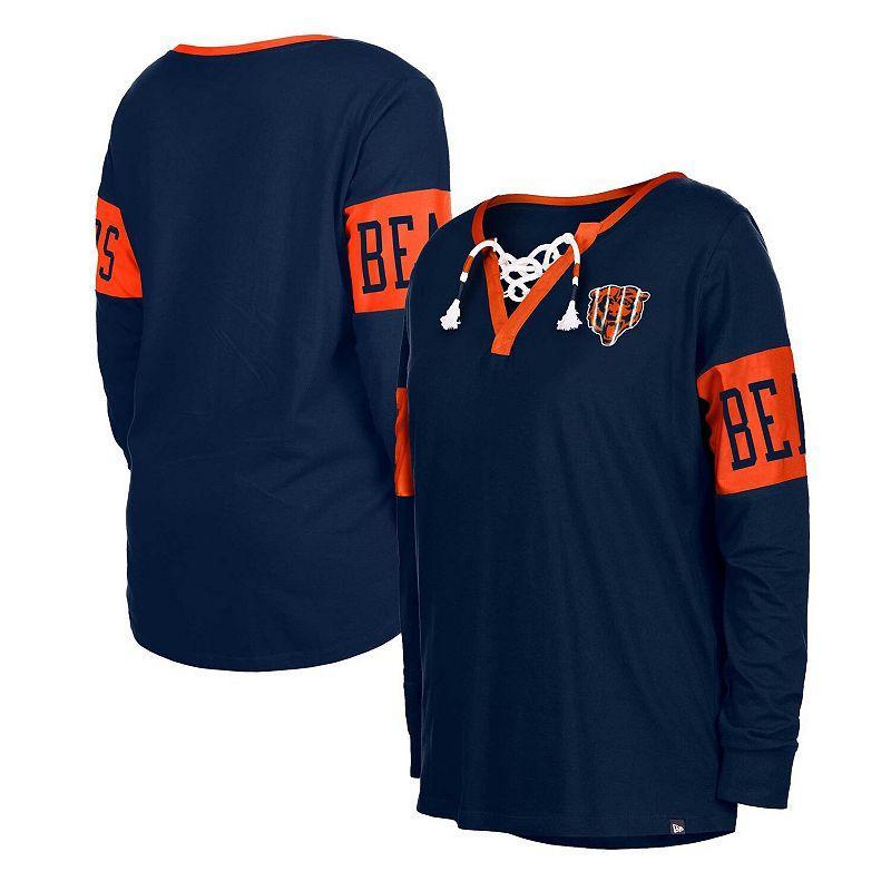 Womens New Era Chicago Bears Lace-Up Notch Neck Long Sleeve T-Shirt Blue Product Image