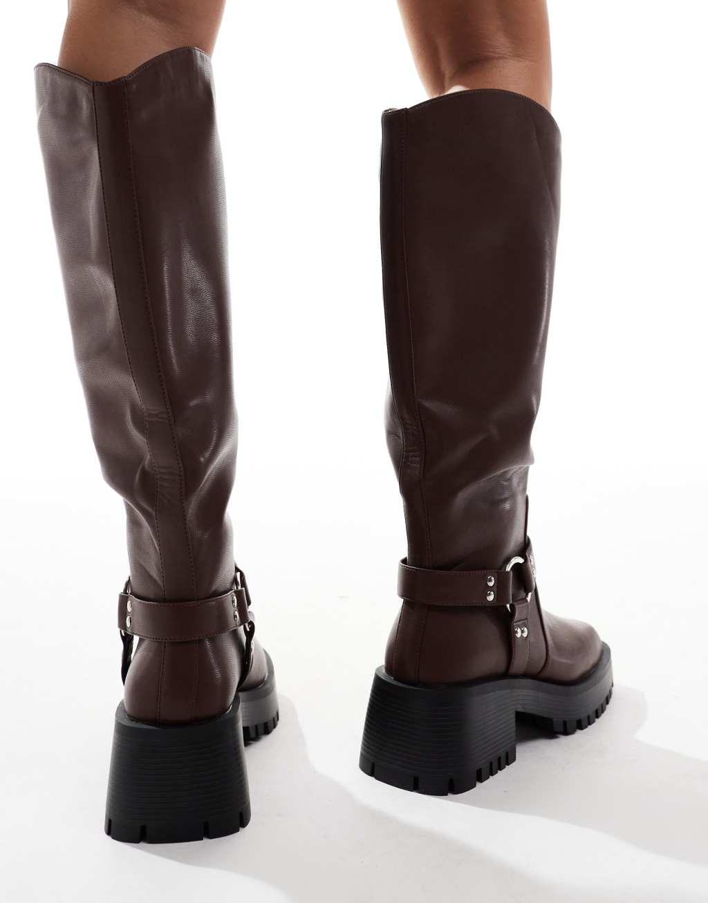 RAID Wide Fit Ultra biker knee boots with square toe in brown Product Image