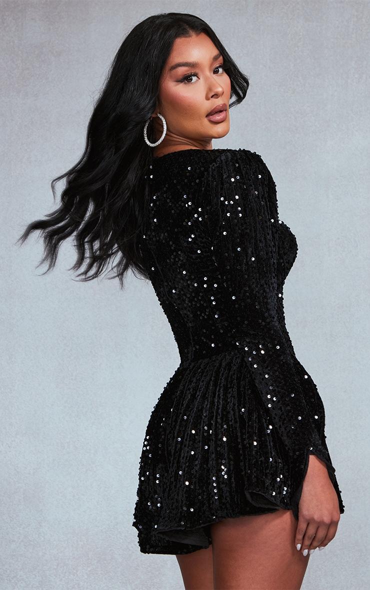 Black Sequin Cup Detail Long Sleeve Skater Romper Product Image